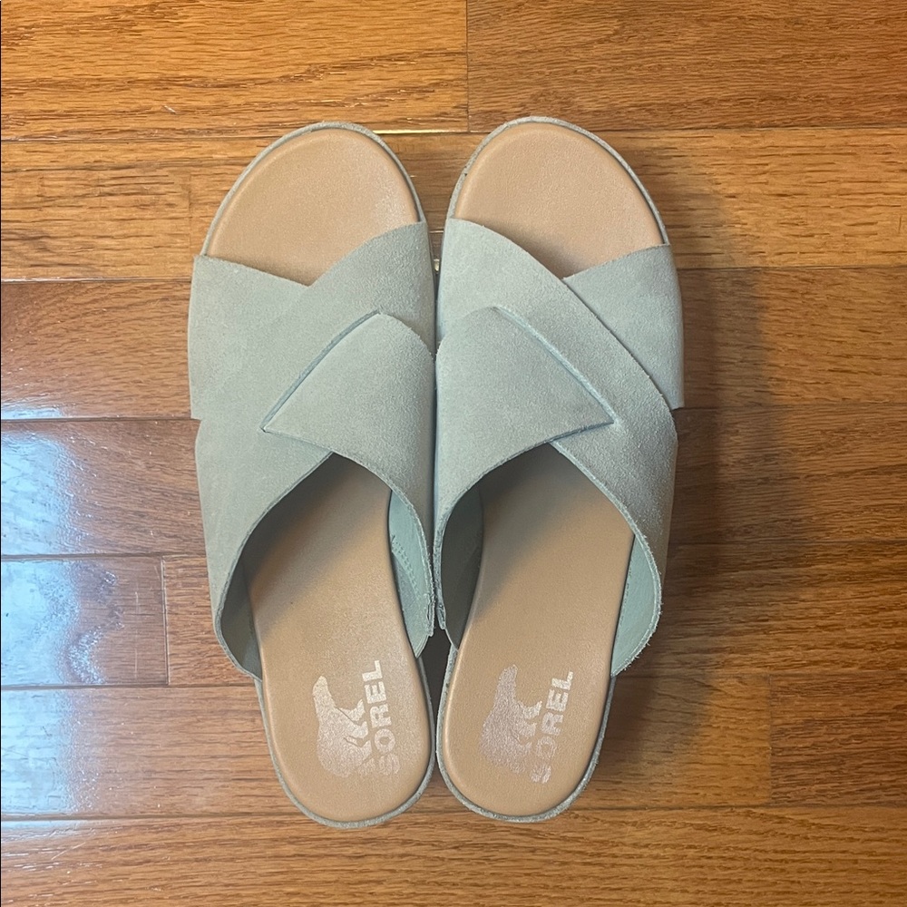 Sorel Women's Baby Blue Suede Crossover Slide Sandals
